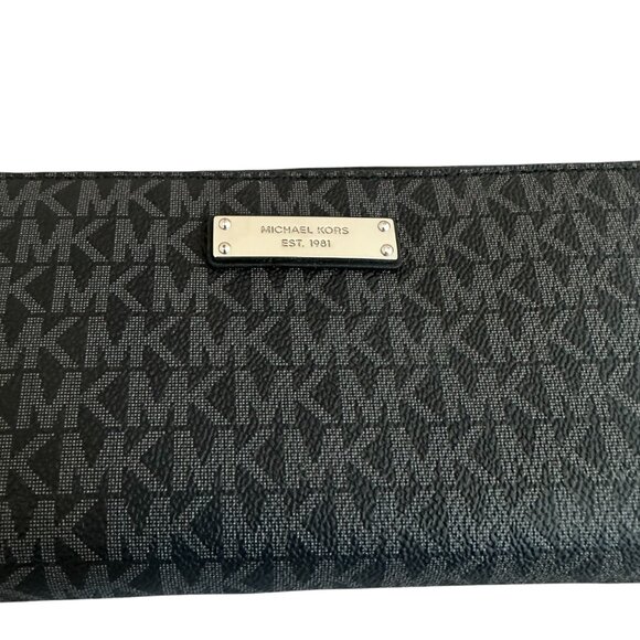 Michael Kors Jet Set Continental Wallet Signature Black Grey Handle Zip Leather - Picture 3 of 11
